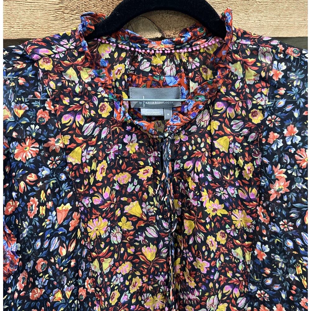 Anthropologie Helene Sheer Drop Waist Black Floral Ruffled Dress Size M *C3 - Picture 2 of 6